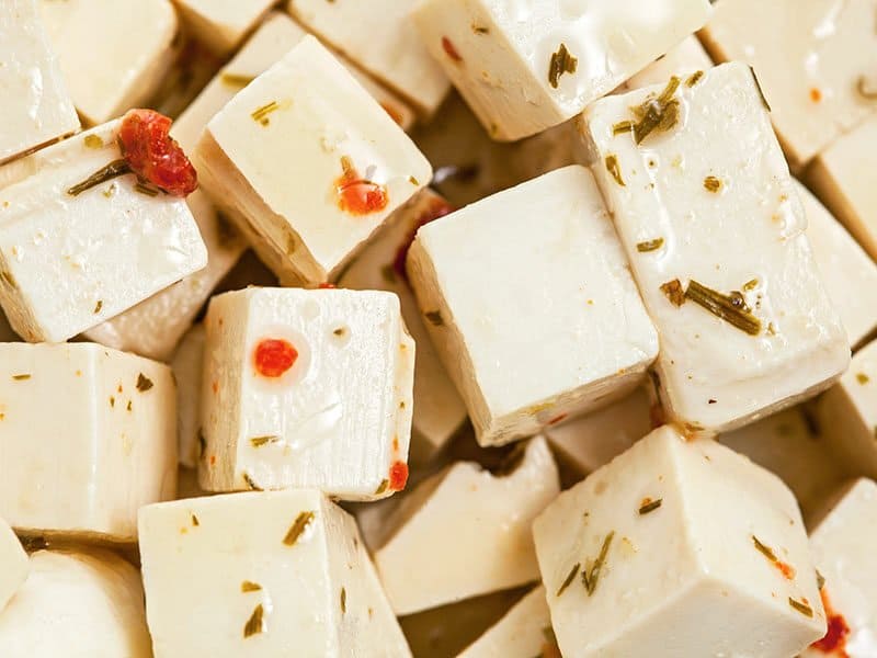 Feta Cheese Is Cut In Blocks 