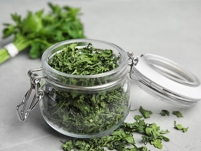 Glass Jar Dried Parsley On Grey