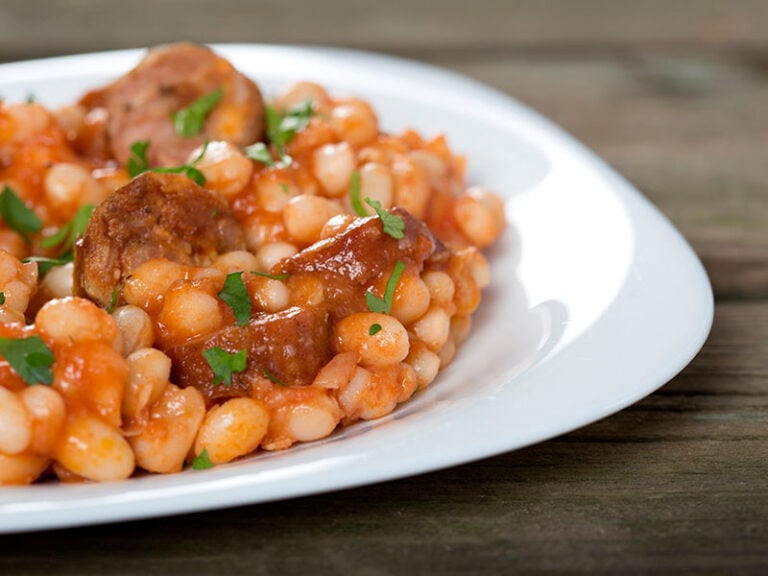 Baked Beans Sausages White Plate