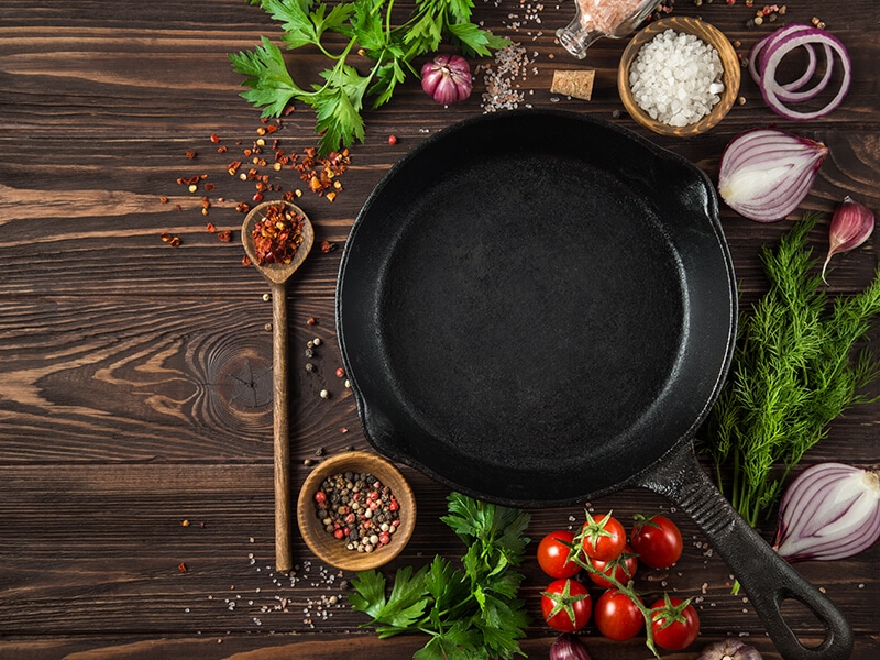 Cast Iron Skillet On Wooden