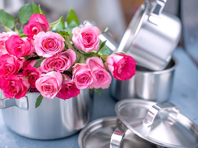 Pink Roses With Saucepan