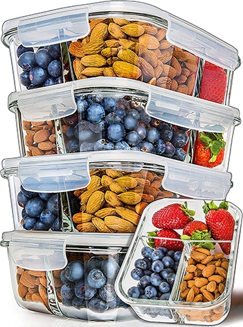 PrepNaturals 3-Compartment Glass Microwave Safe Containers